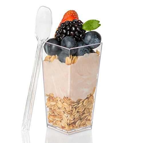 Ilyapa 3oz Plastic Dessert Cups - 100 Pack Mini Dessert Cups with Spoons - Clear Reusable Small Appetizer Cup for Cheesecake Shooters, Chocolate Mousse, Parfait - Party and Catering Supplies - Square