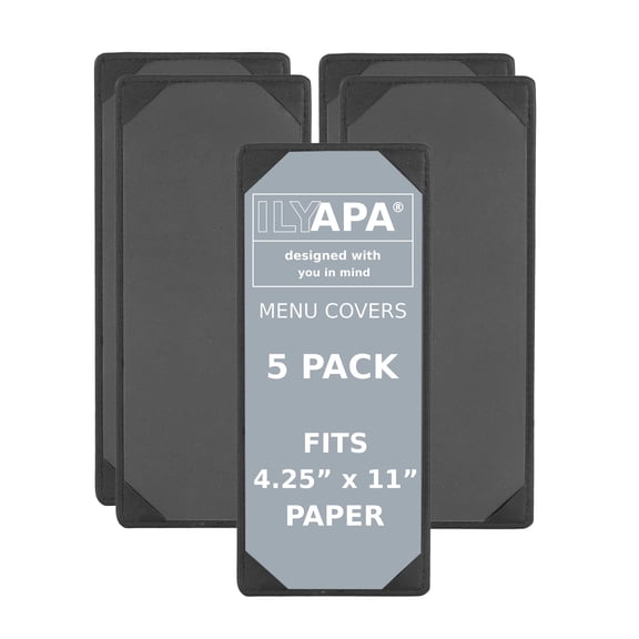 Ilyapa 5 Pack Restaurant Menu Covers 4.25 x 11 - Vinyl Leather Menu Holder, Single Sided Book with Corner Sleeves for Display of Wedding Menus, Weekly Kitchen Specials & Bar Drinks for Table Top