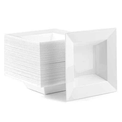 Ilyapa 50 Pack 12 ounce White Plastic Bowls, Heavy Duty Disposable White Square Bowl, Plastic 12oz for Soup, Dessert, Wedding & Party Brunch Accessories