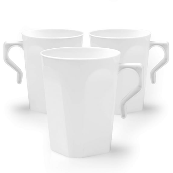 Ilyapa 50 Plastic Coffee Cups with Handles, 8 oz White - Disposable or Reusable Mug Pack