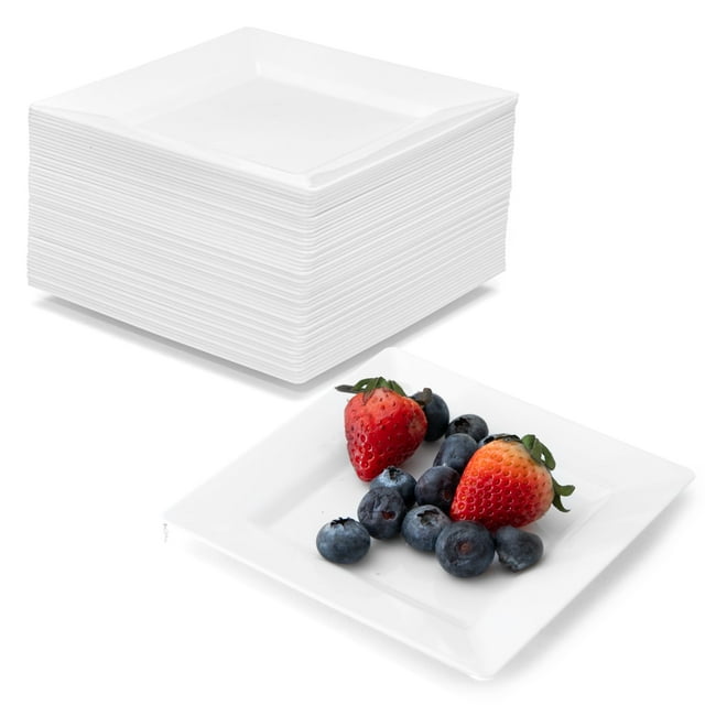 Ilyapa 50 White Square Disposable Plates - 4.5"Inch, Plastic Disposable Mini Square White Plates, for Appetizers, Dessert, & Tasting