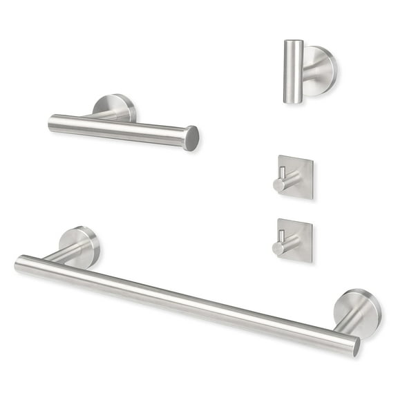 Ilyapa Bathroom Hardware Set Brushed Nickel, Wall Mounted 5 Piece Satin Nickel Bathroom Towel Bar Set - Towel Bar, 1 Big Hook, 2 Small Hooks, and 1 Wall Mounted Toilet Paper Holders