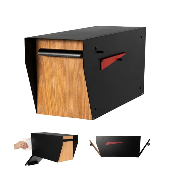 Ilyapa Black Modern Mailbox Post Mount Mailboxes for Outside- Powder Coated Steel Metal Mail Box with Rear Door, Outdoor All Weather & Corrosion Resistant, Stainless Steel Hinges & Magnetic Door