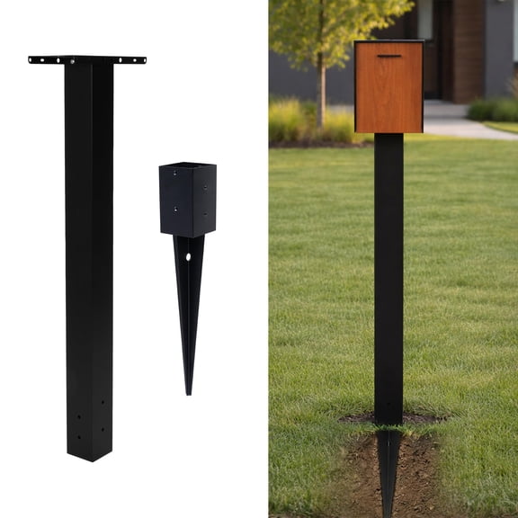 Ilyapa No Dig Mailbox Post for Outside, 43x4x4 inch Metal Post with 16 in. Ground Anchors & Two Universal Mailbox Mounting Bracket for Modern & Traditional Residential Mailboxes