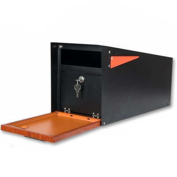 Ilyapa Locking Mailbox with Lock and Key Modern Mailboxes for Outside Post Mount - Black Powder Coated Steel & Printed Redwood Trim, All Weather