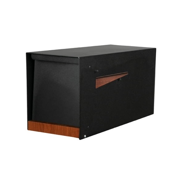 Ilyapa Modern Mailbox for Post Mount - Black Powder Coated Metal Mailbox with Printed Redwood Grain Trim - Waterproof for Parcels, Magnetic Close Door