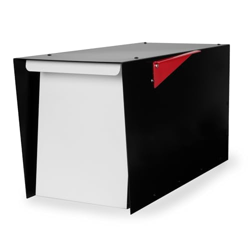 Ilyapa Modern Mailbox for Post Mount - Black with White Door Powder Coated Steel, Waterproof Letter Box for Parcels, with Recessed Magnetic Close Door