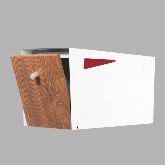Ilyapa Post Mount Modern Mailbox - White Exterior Powder Coated & Hydro Print Ash Wood Grain Printed Door, Letterbox with Recessed Magnetic Close Door
