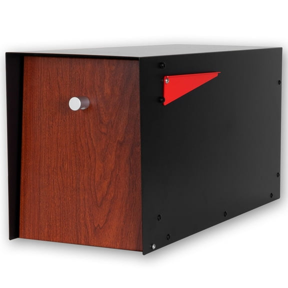 Ilyapa Post Mount Modern Mailbox - Black Exterior Powder Coated & Hydro Print Redwood Grain Printed Door, Letterbox with Recessed Magnetic Close Door