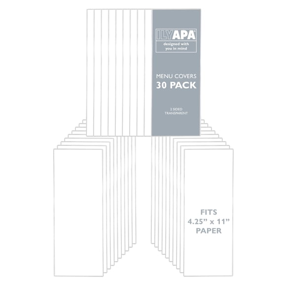 Ilyapa Restaurant Menu Covers 4.25 x 11 Inch - 30 Pack, Single Page, 2 View Clear Sleeves Holder for Restaurant, Durable PVC Hard Plastic Menu Holder