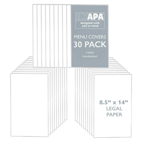 Ilyapa Restaurant Menu Covers 8.5 x 14 Inch - 30 Pack, Single Page, 2 View Clear Menu Holder Sleeves for Restaurant, Durable PVC Hard Plastic Sheet Protector Folders to Cover Inserts