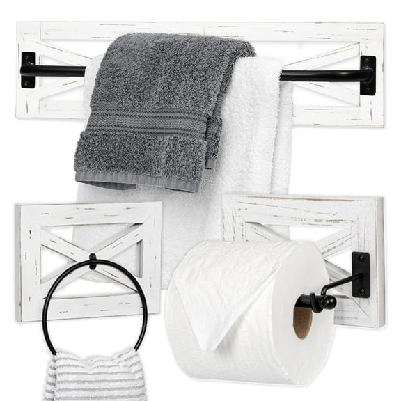 Ilyapa Rustic Towel Bar Toilet Paper Holder Set with Towel Ring for Bathroom- Wall Mounted Racks - White Wood & Black Metal Bar, Farmhouse Decor