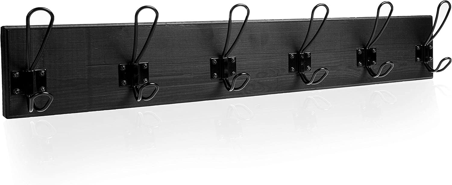 Wall Mounted Coat Rack with Shelf - 27 Inch Rustic Wooden 6 Hook Coat  Hanger Rail, Espresso Wood, Black Metal Hooks