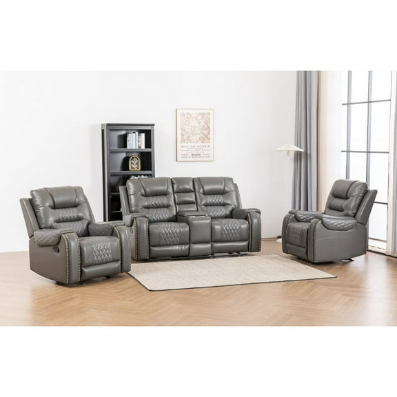 Ilyiano Two Tone Faux Leather 3-Piece Livingroom Reclining Set In Gray