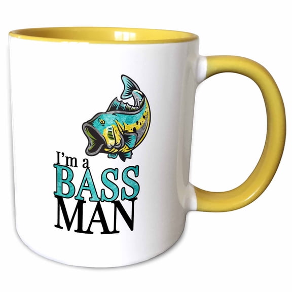 3drose, Im a Bass Man Funny Fisherman Theme Turquoise and Yellow Watercolor, 11oz Two-tone Yellow Mug