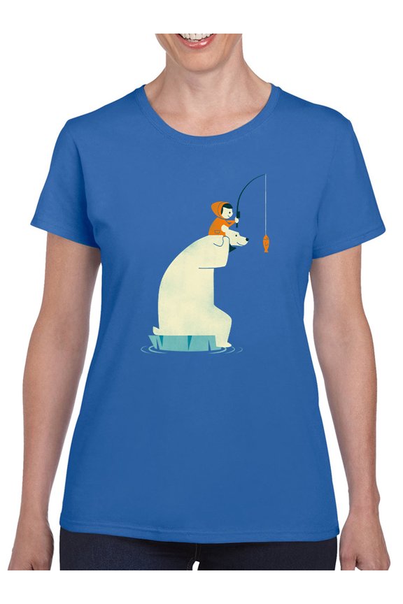 Bear And Man Fishing T-Shirt Women -Jay Fleck Designs, Female Medium