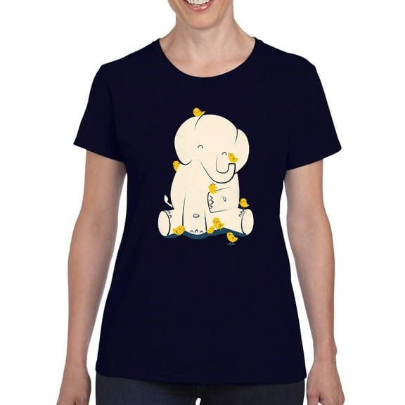 Image Conscious Elephant With Birds T-Shirt Women -Jay Fleck Designs, Female Large