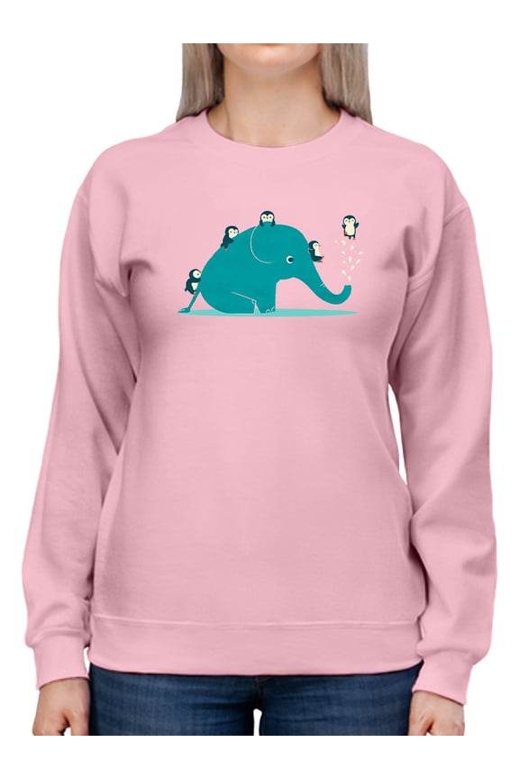 Elephant With Penguins Sweatshirt Womens -Jay Fleck Designs, Female Casual Fit