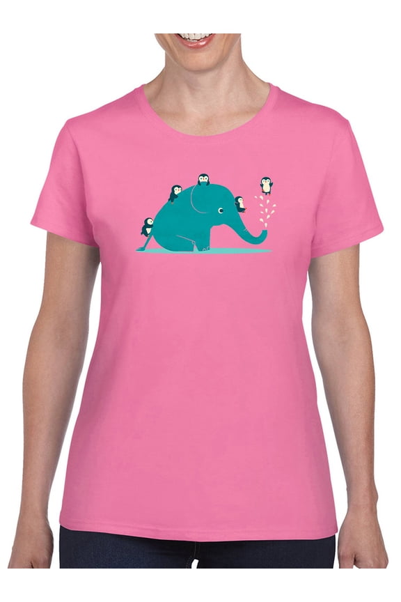 Elephant With Penguins T-Shirt Womens -Jay Fleck Designs, Female Regular Fit
