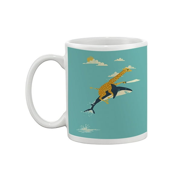 Image Conscious Giraffe Riding A Shark Mug - Jay Fleck Designs, 11 fl oz Ceramic Mug