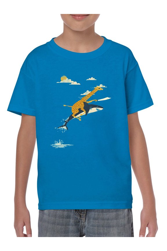 Giraffe Riding A Shark T-Shirt Juniors -Jay Fleck Designs, Unisex Unisex Regular Fit