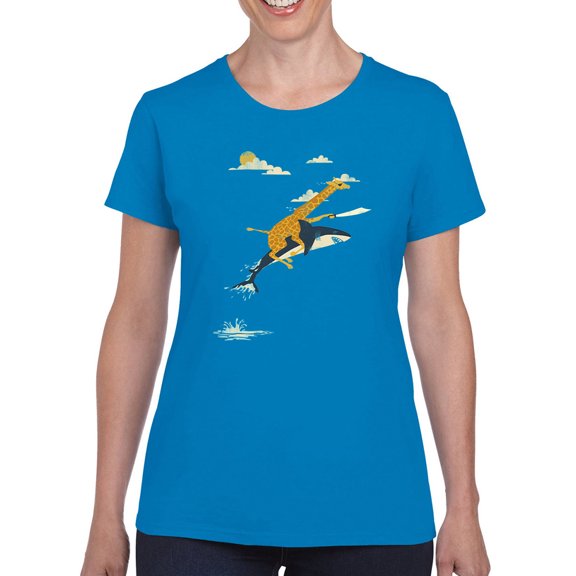 Image Conscious Giraffe Riding A Shark T-Shirt Women -Jay Fleck Designs, Female Large