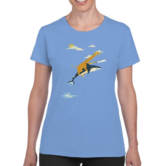 Image Conscious Giraffe Riding A Shark T-Shirt Women -Jay Fleck Designs, Female Medium
