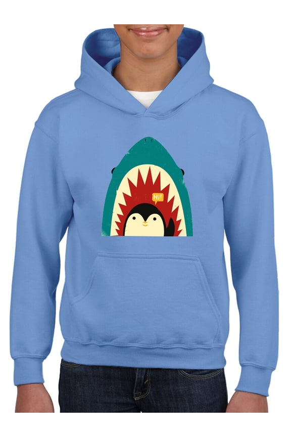 Penguin And Shark Greeting Hoodie Juniors -Jay Fleck Designs, Unisex Small