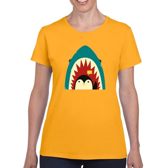 Image Conscious Penguin And Shark Greeting T-Shirt Women -Jay Fleck Designs, Female Large