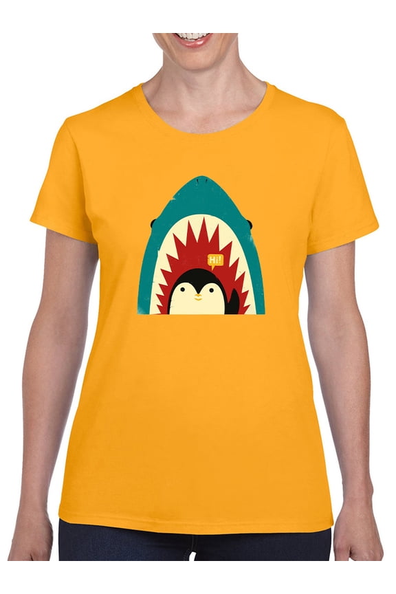 Penguin And Shark Greeting T-Shirt Women -Jay Fleck Designs, Female Large