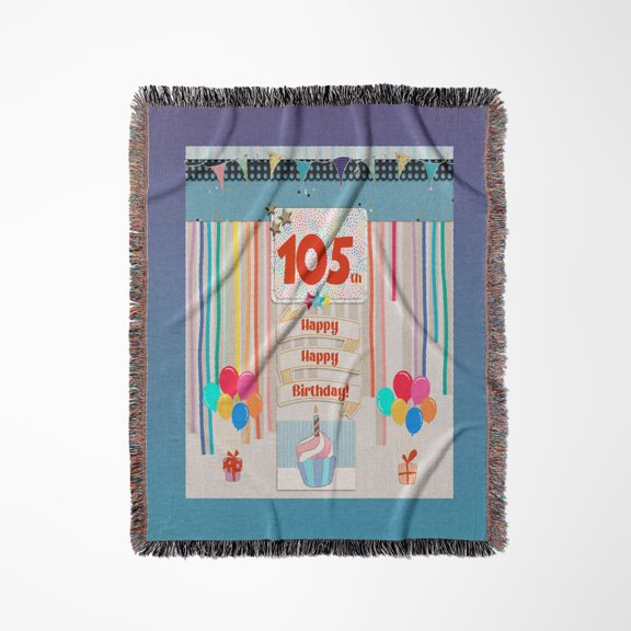 Image Of 105Th Birthday Tag, Cupcake, Candle, Balloons, Gift, Streamer, Woven Blanket
