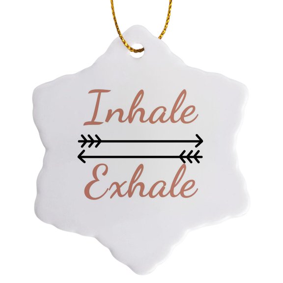 3drose, Image of a Arrow with Text of Inhale Exhale, 3 inch Snowflake Porcelain Ornament