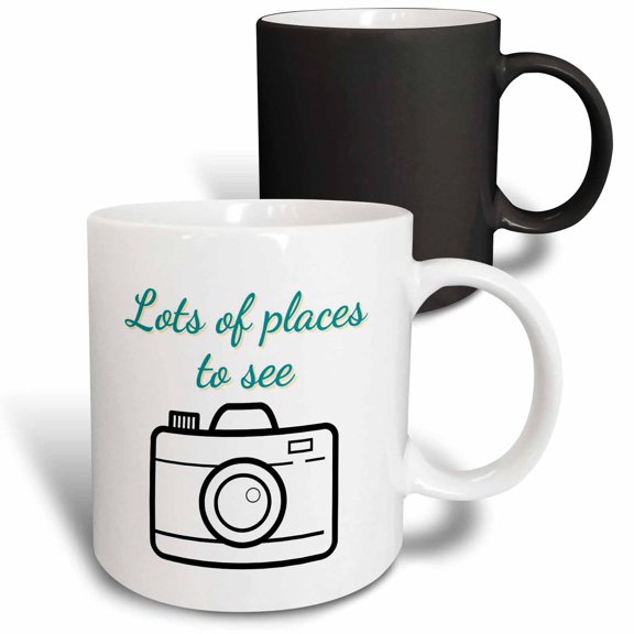 3drose, Image of a Camera with Text of Lots of Places to See, 11oz Magic Transforming Mug