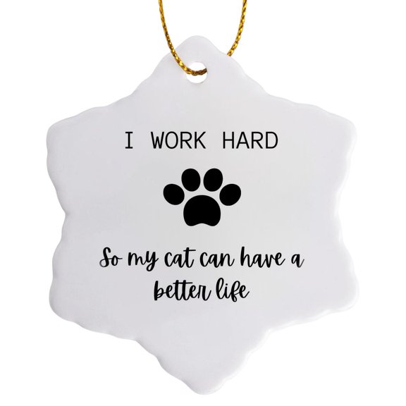 3drose, Image of a Cat Print with a Text I Work Hard, 3 inch Snowflake Porcelain Ornament