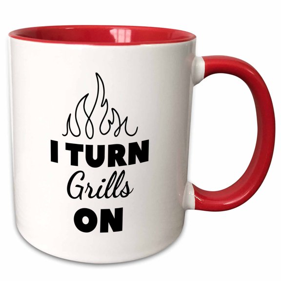 3drose, Image of a Flame with Text of I Turn Grills On, 11oz Two-tone Red Mug