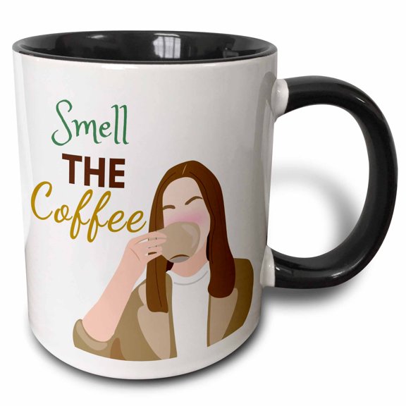3drose, Image of a Girl with Text of Smell the Coffee, 11oz Two-tone Black Mug