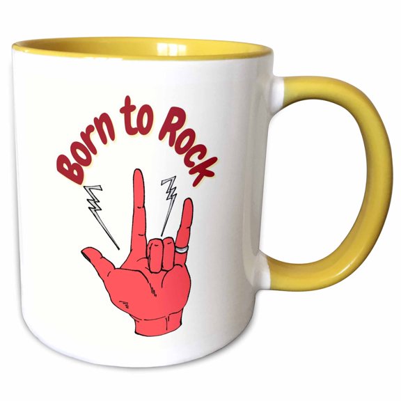 3drose, Image of a Hand with Text of Born to Rock, 11oz Two-tone Yellow Mug