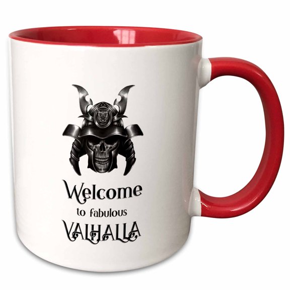 3drose, Image of a Human Skull in a War Helmet. Welcome to Fabulous Valhalla, 11oz Two-tone Red Mug