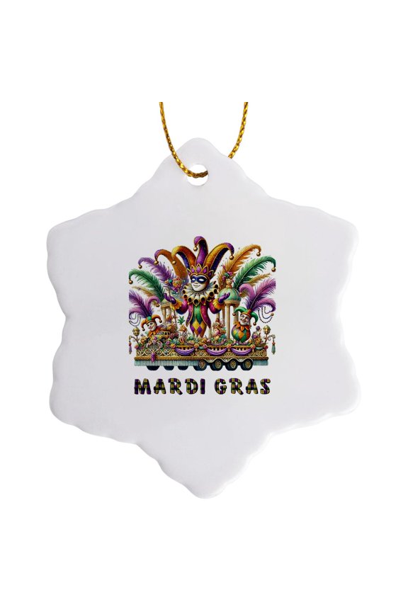 , Image of a Mardi Gras Parade Platform with Harlequins on It Gift, 3 inch Snowflake Porcelain Ornament