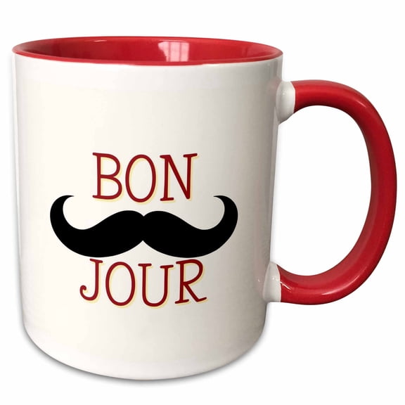 3drose, Image of a Mustache with Text of Bonjour, 11oz Two-tone Red Mug