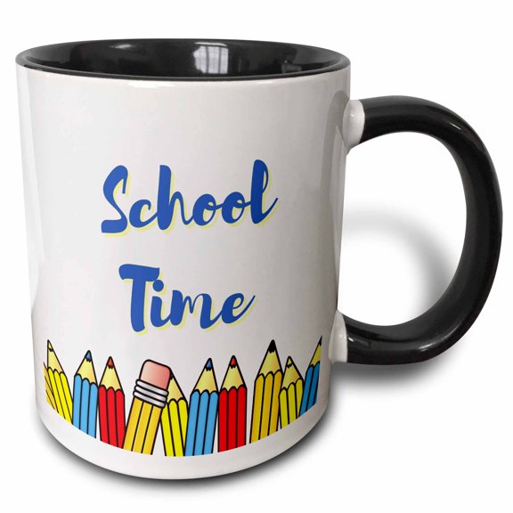 3drose, Image of a Pencil with Text of School Time, 15oz Two-tone Black Mug