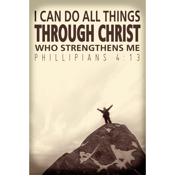 Image Of A Person With Outstretched Arms Standing At The Top Of Mountain With Scripture From Philippians 4:13 by Tim