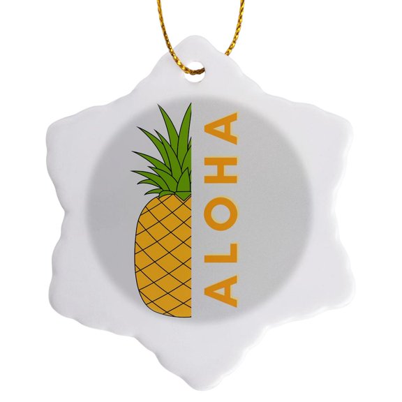 3drose, Image of a Pineapple with Text of Aloha, 3 inch Snowflake Porcelain Ornament
