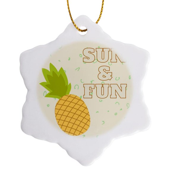 3drose, Image of a Pineapple with Text of Sun and Fun, 3 inch Snowflake Porcelain Ornament