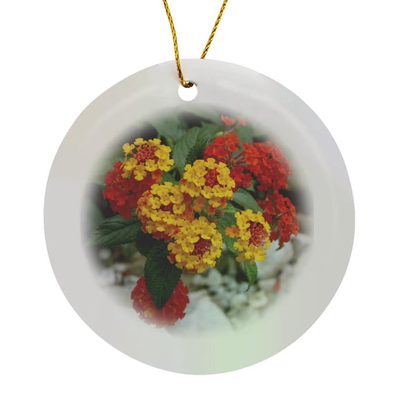 3drose, Image of a Red and Gold Lantana Flower, Circle Porcelain Ornament