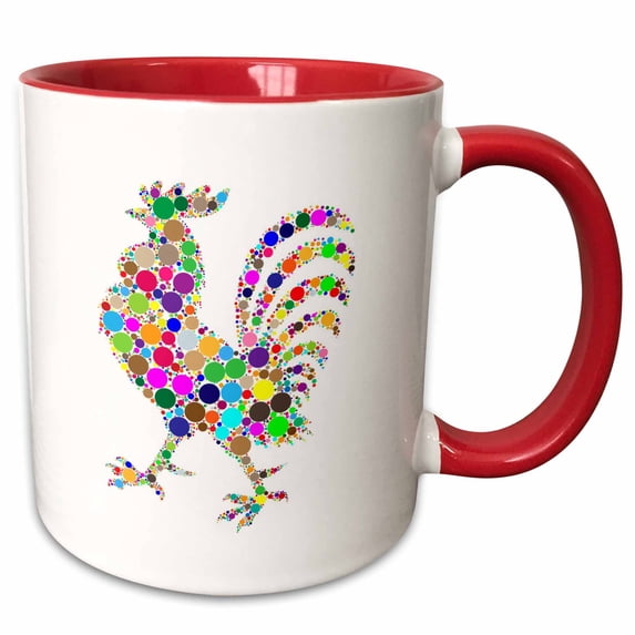 3drose, Image of a Rooster in Wildly Colorful Circles, 11oz Two-tone Red Mug
