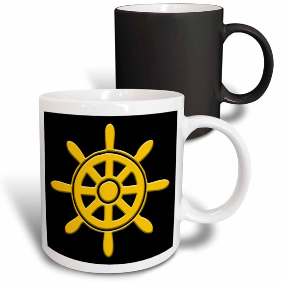 3drose, Image of a Ship Helm, Steering Wheel. Yellow on Black. Sailing Charm, 11oz Magic Transforming Mug