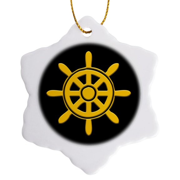 3drose, Image of a Ship Helm, Steering Wheel. Yellow on Black. Sailing Charm, 3 inch Snowflake Porcelain Ornament