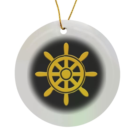 3drose, Image of a Ship Helm, Steering Wheel. Yellow on Black. Sailing Charm, Circle Porcelain Ornament
