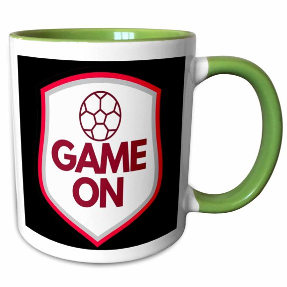 3drose, Image of a Soccer Ball with Text of Game On, 11oz Two-tone Green Mug